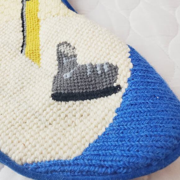 Vintage Christmas Needlepoint Christmas Stocking Ski Theme Blue Velvet Sports - Picture 3 of 10